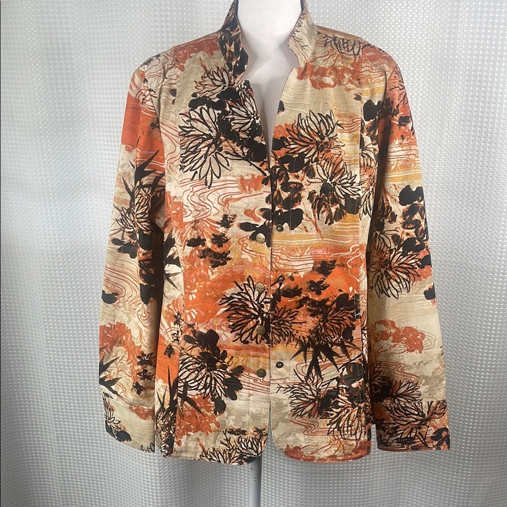 Coldwater Creek Jacket Artsy Snap Front Graphics Mandarin Collar NWT Sz L